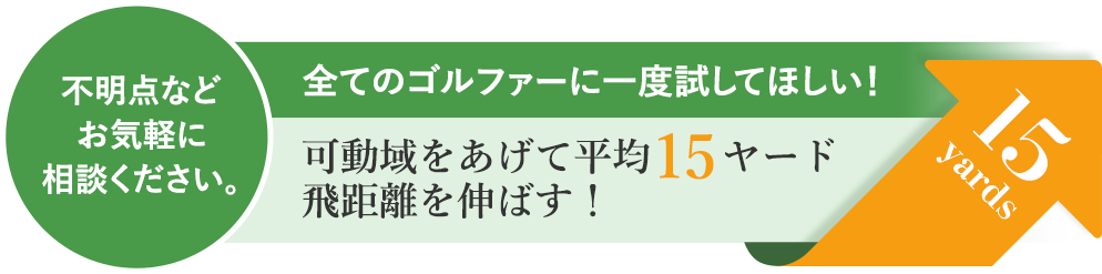 不明点などお気軽に相談ください。全てのゴルファーに一度試してほしい！可動域をあげて平均15ヤード飛距離を伸ばす！15yards